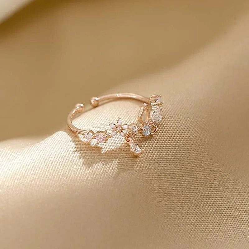 Adjustable Zircon Flower Bow Ring for Women Princess Jewelry Gift