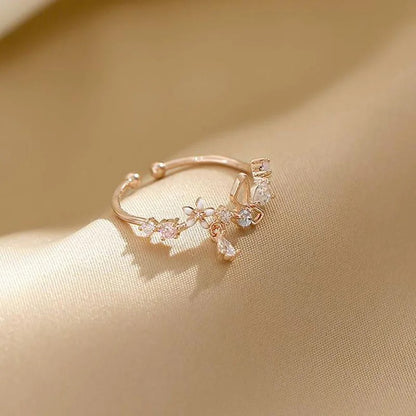 Adjustable Zircon Flower Bow Ring for Women Princess Jewelry Gift
