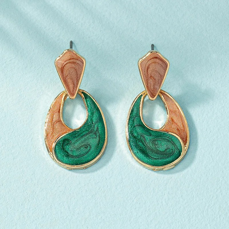 Trendy Patchwork Water Drop Earrings Green Enamel Hollow Jewelry