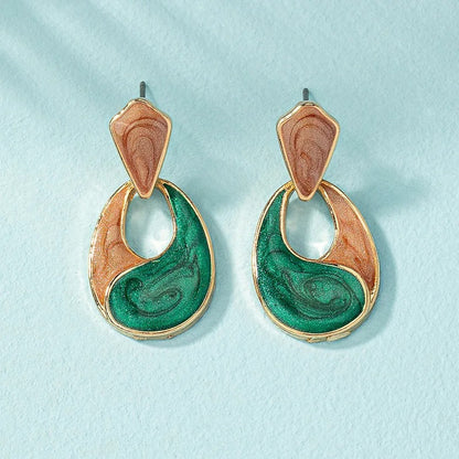 Trendy Patchwork Water Drop Earrings Green Enamel Hollow Jewelry