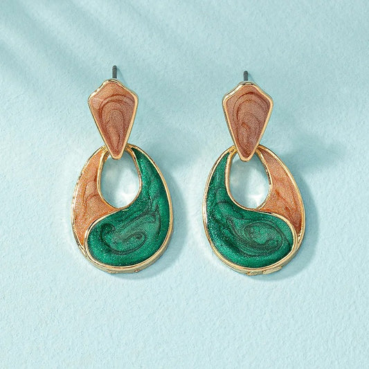 Trendy Patchwork Water Drop Earrings Green Enamel Hollow Jewelry
