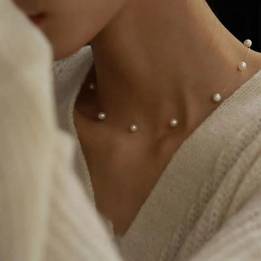 New Beads Neck Chain K-pop Pearl Choker Necklace Invisible Transparent Fishing Line Chockers Jewelry Collar for Women