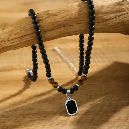 Salircon Simple Black Tiger Stone Beaded Clavicle Necklace Punk Geometric Stainless Steel Pendant Choker For Men Casual Jewelry
