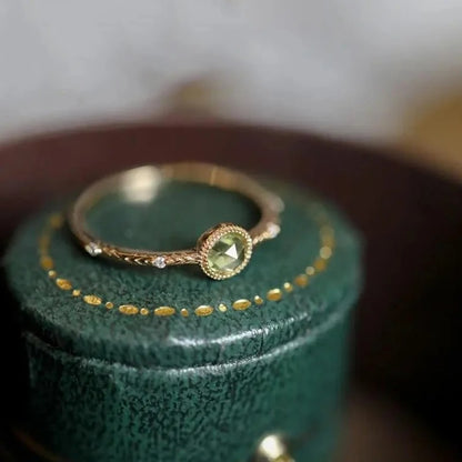 Silver Inlaid Diamond Green Peridot Round Ring Adjustable Women’s Jewelry