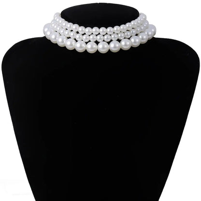 Multi-Layer White Imitation Pearl Necklace Bead Chain Punk Ladies Wedding Short Necklace Girl Charm Banquet Jewelry
