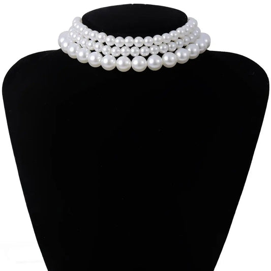 Multi-Layer White Imitation Pearl Necklace Bead Chain Punk Ladies Wedding Short Necklace Girl Charm Banquet Jewelry