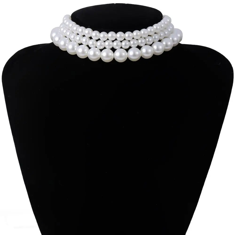Multi-Layer White Imitation Pearl Necklace Bead Chain Punk Ladies Wedding Short Necklace Girl Charm Banquet Jewelry