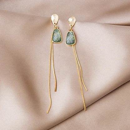 Gold Chain Dangle Earrings Green Crystal Vintage Style for Women