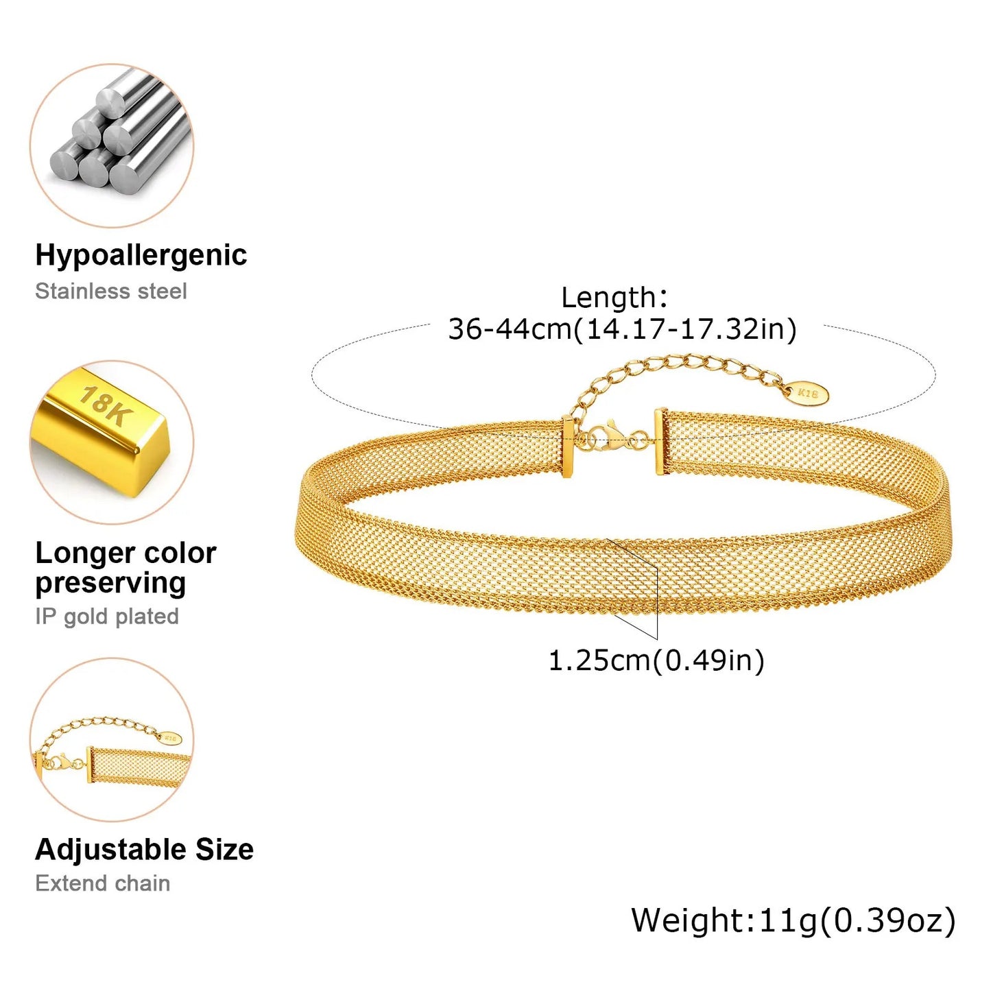 Gold Plated Hollow Mesh Choker Necklace for Women,Stainless Steel Waterproof Necklaces,Fashion Jewelry Gift