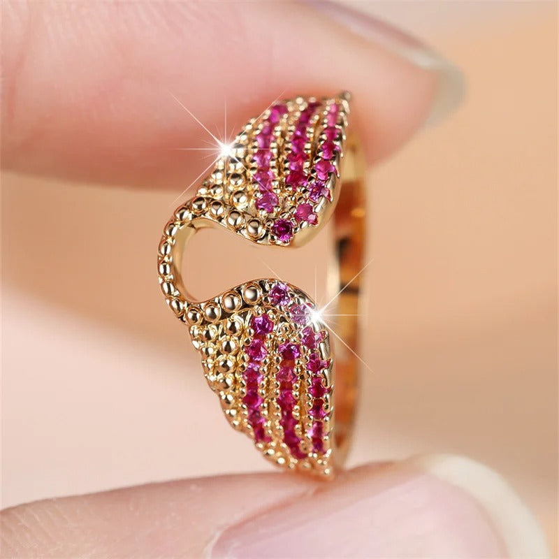 Rose Red CZ Angel Wings Ring Gold & Silver Women’s Jewelry