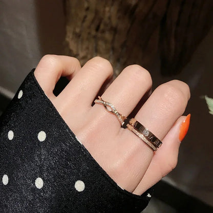 Rose Gold Roman Numeral Couple Ring Zircon Titanium Steel