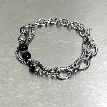 Stainless Steel Ice Cracking Bead Bracelet Layered Link Jewelry