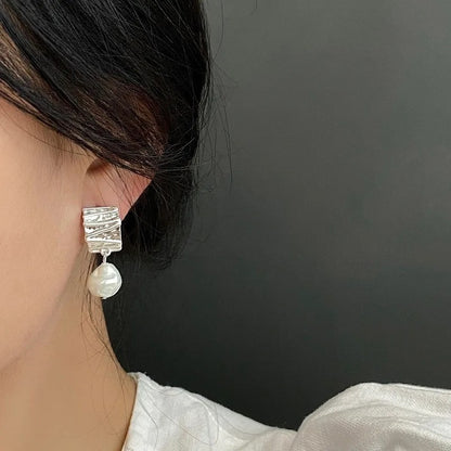 Silver Drop Earrings Hoop Pearl Leaf Vintage Irregular For Women Girl Gift Fashion Jewelry