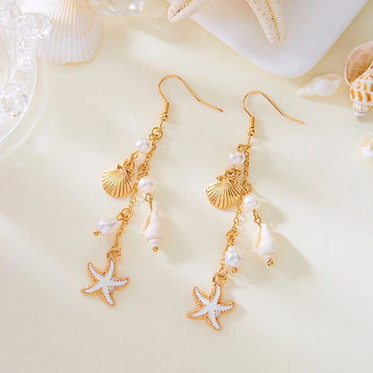 Handmade Boho Conch Shell Dangle Earrings Golden Metal Ear Hooks