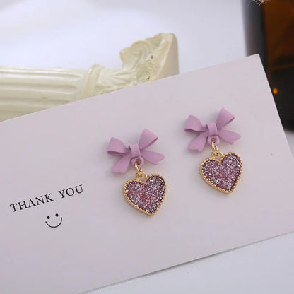 Purple Crystal Heart Bow Dangle Earrings for Women