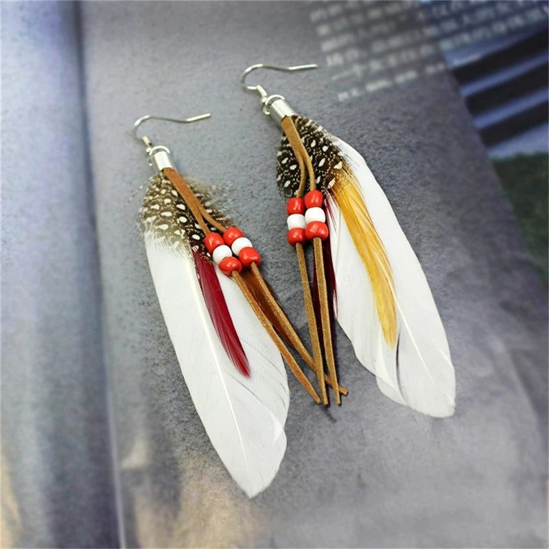 1Pair Tassel Dangling Earrings Colorful Feather Leather Beads Earrings Indian Feathers Summer Women Fashion Jewelry