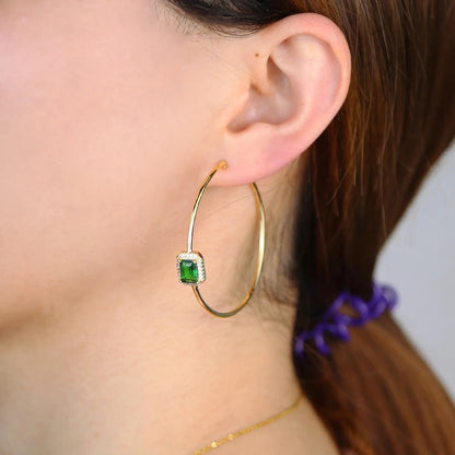 Big Gold Hoop Earrings with Green Rectangle for Women