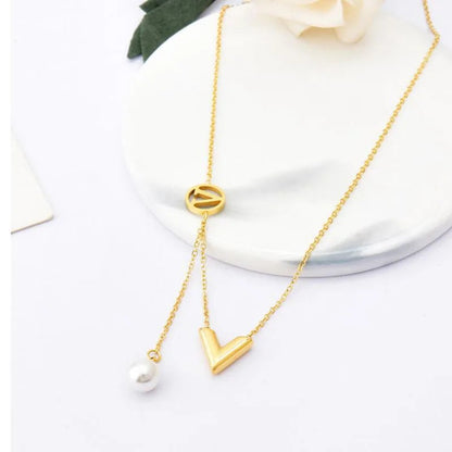Trendy Stainless Steel V Letter Necklace Earrings Set for Women