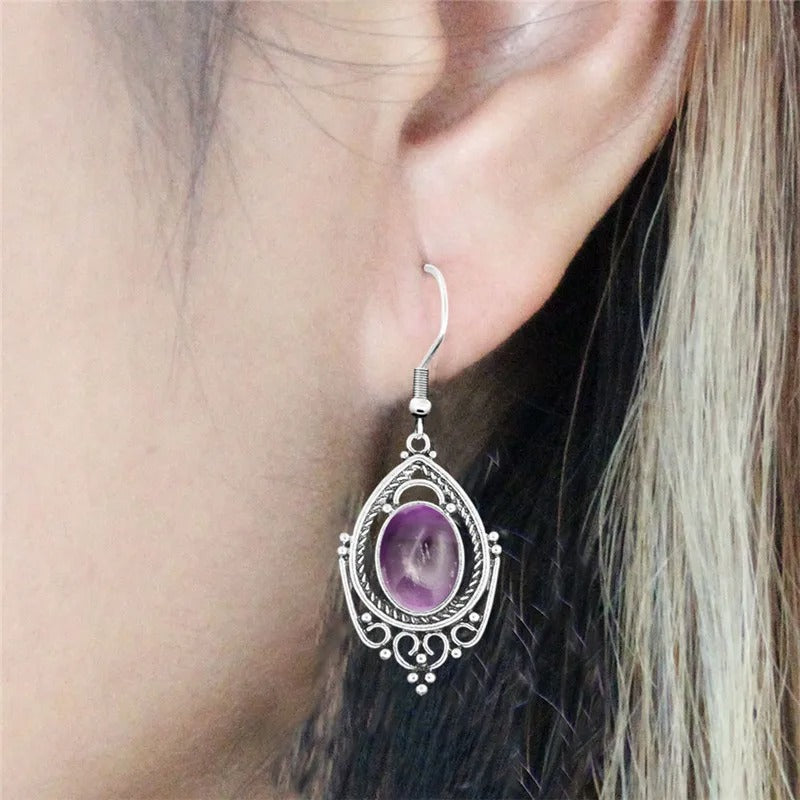 Vintage Amethyst & Tiger Eye Drop Earrings Silver Women