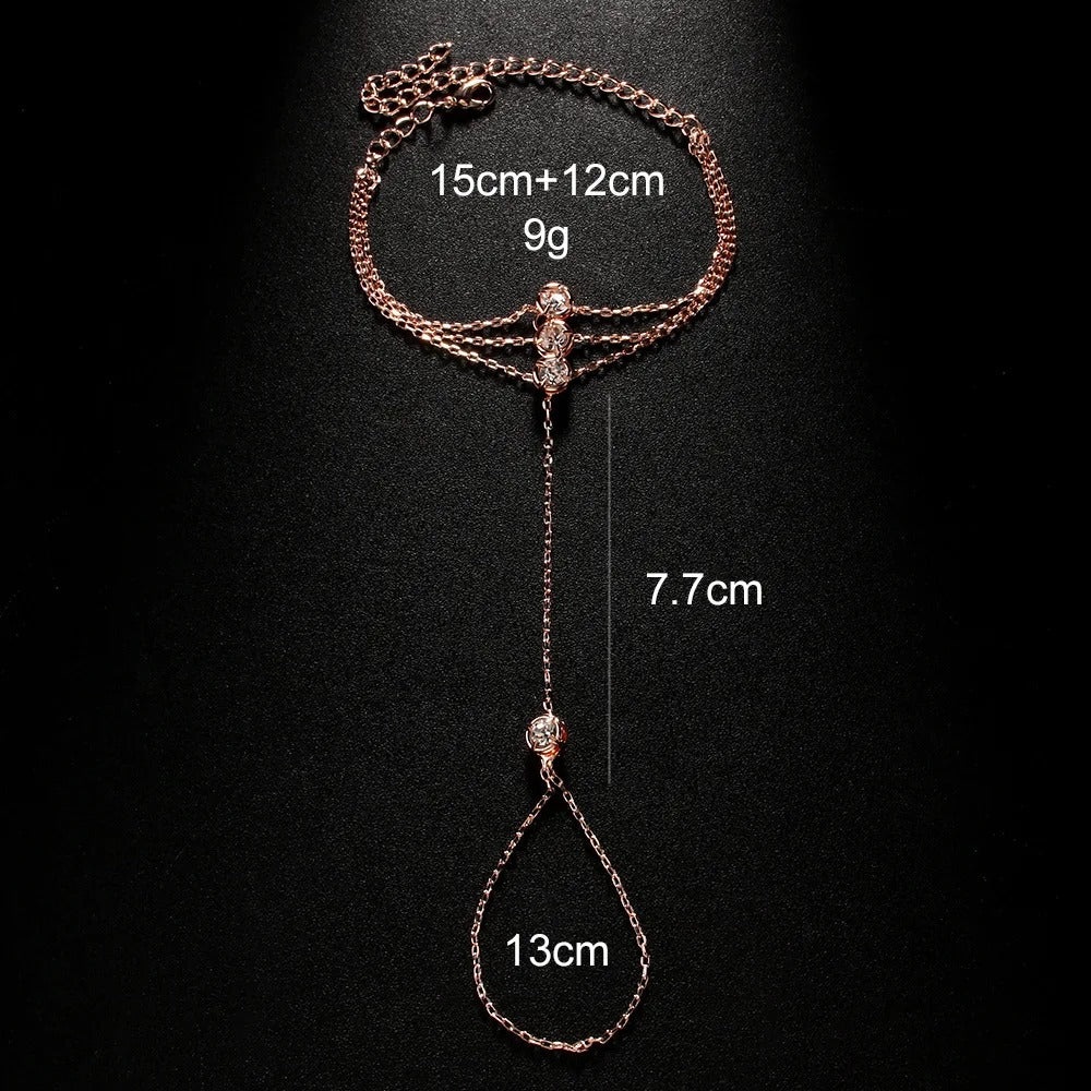 Multilayer Zircon Hand Chain Bracelet with Link Ring Stainless Steel