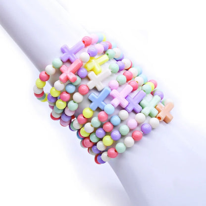 Plastic Beads Strand Cross Children Bracelets Elastic Religious Jewelry 5pcs/Pack
