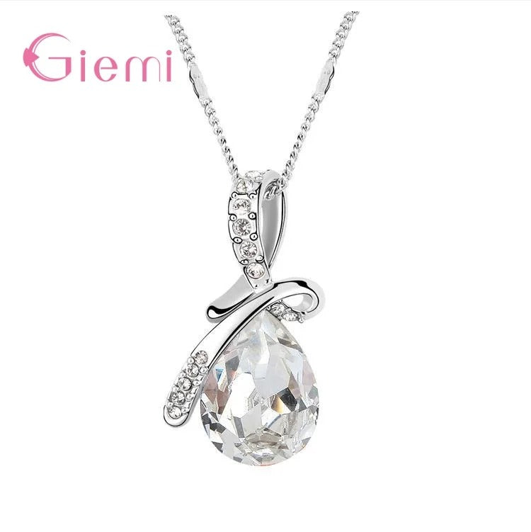 925 Sterling Silver Colorful Cubic Zirconia Waterdrop Pendant Necklace Women Girls Wedding Party Jewelry