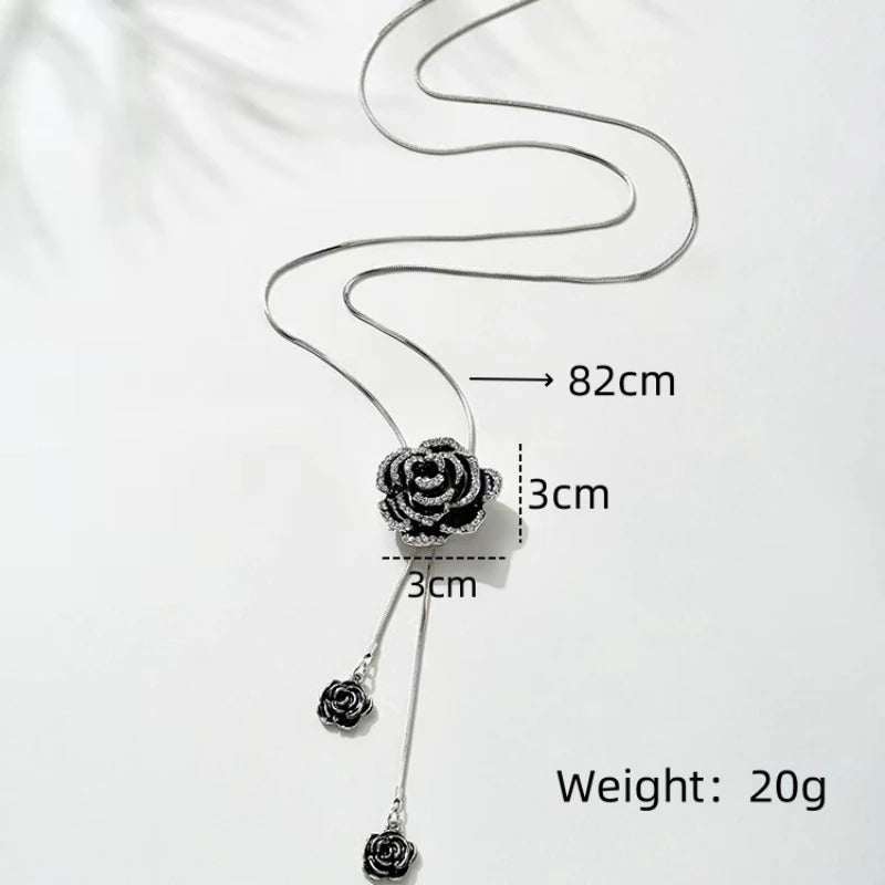 Fashion Black Rose Flower Long Necklace Sweater Chain Metal Crystal Pendant Necklaces Adjusted