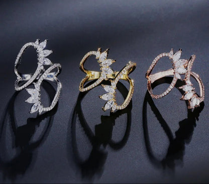 Cute Style White Color CZ Zirconia Leaf Open Rings Geometric Adjustable Ring Jewelry for Women Party Gift