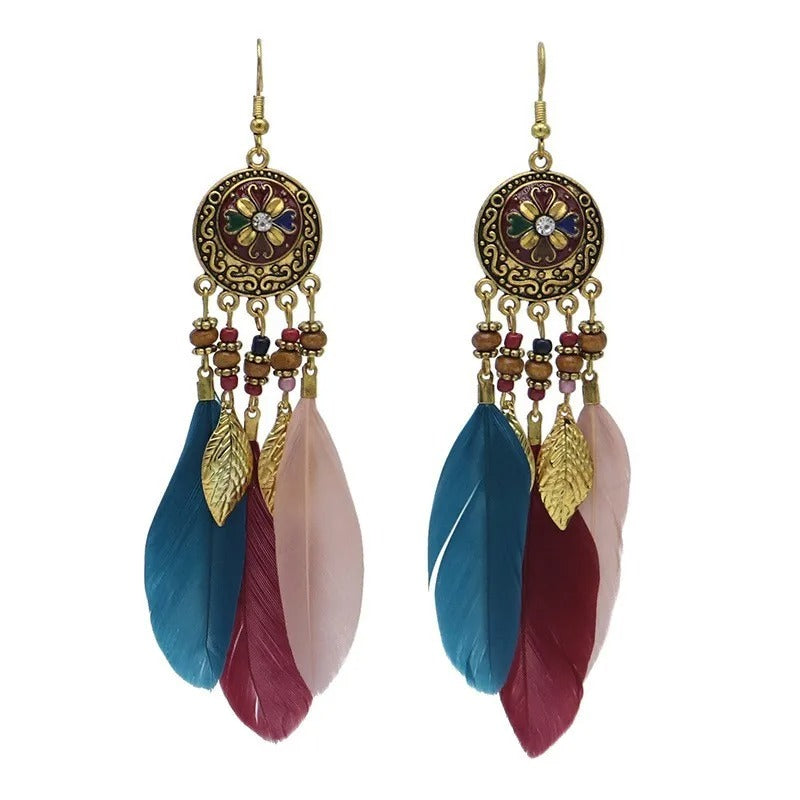 Antique Alloy Feather Tassel Earrings Wood Bead Leaf Jewelry for Women