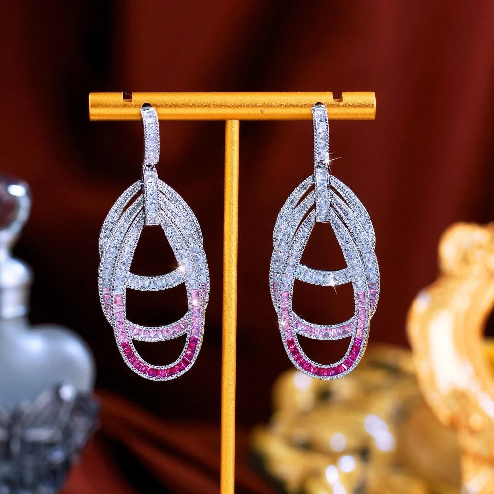 Unique Pink Red Cubic Zirconia Silver Color Long Dangle Multilayer Circles Drop Luxury Wedding Party Earring for Women