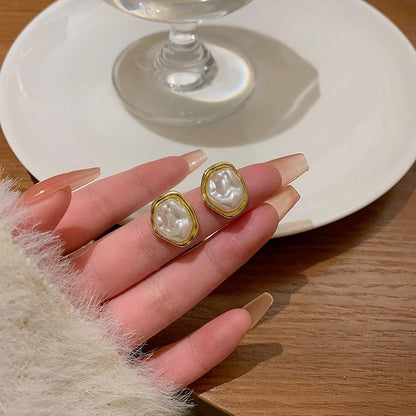 Women White Oval Stud Earrings Gold Color Irregular Statement Jewelry