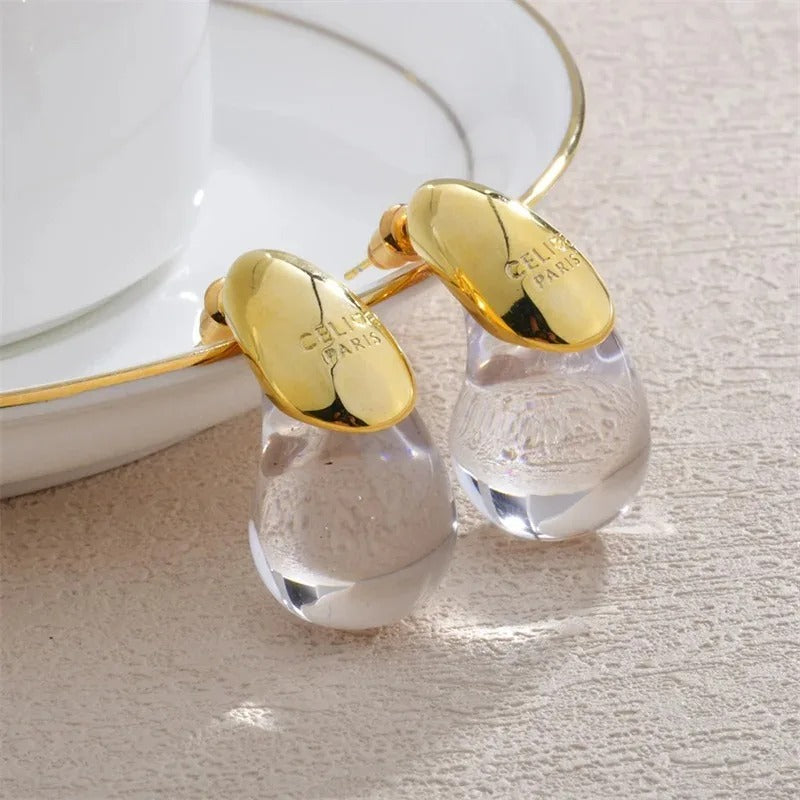 Water Drop Brown Resin Stud Earrings Vintage Dome Copper Gold Plated Earring for Women Girls Teardrop Ear Cuffs