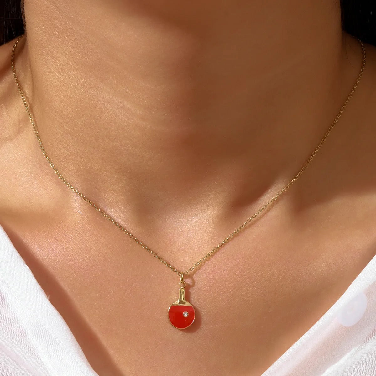 Stainless Steel Enamel Table Tennis Racket Charm Necklace 14K Gold Plated Pendant Choker Jewelry For Women Party Daily Wear