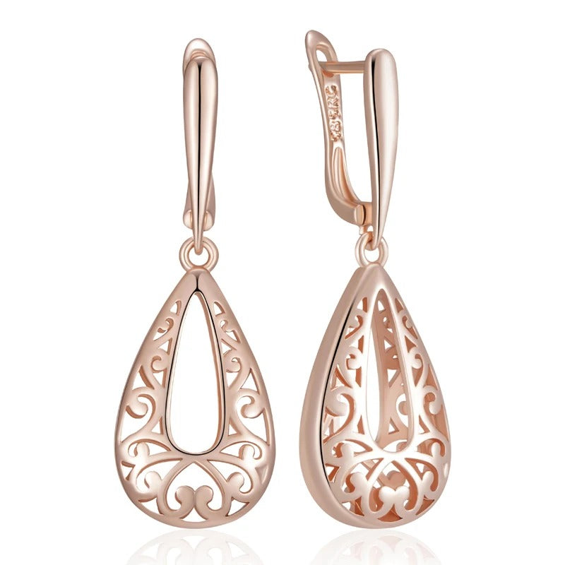 Glossy Rose Gold Dangle Earrings Women Flower Fashion Jewelry