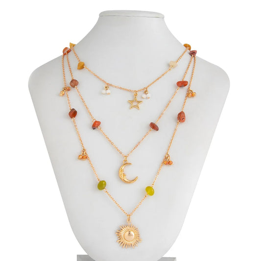 Vintage Star Moon Sun Pendant Necklace 2025 Women's Stacked Gold Color Metal Colored Stone Weaving Girls Fashion Holiday Jewelry
