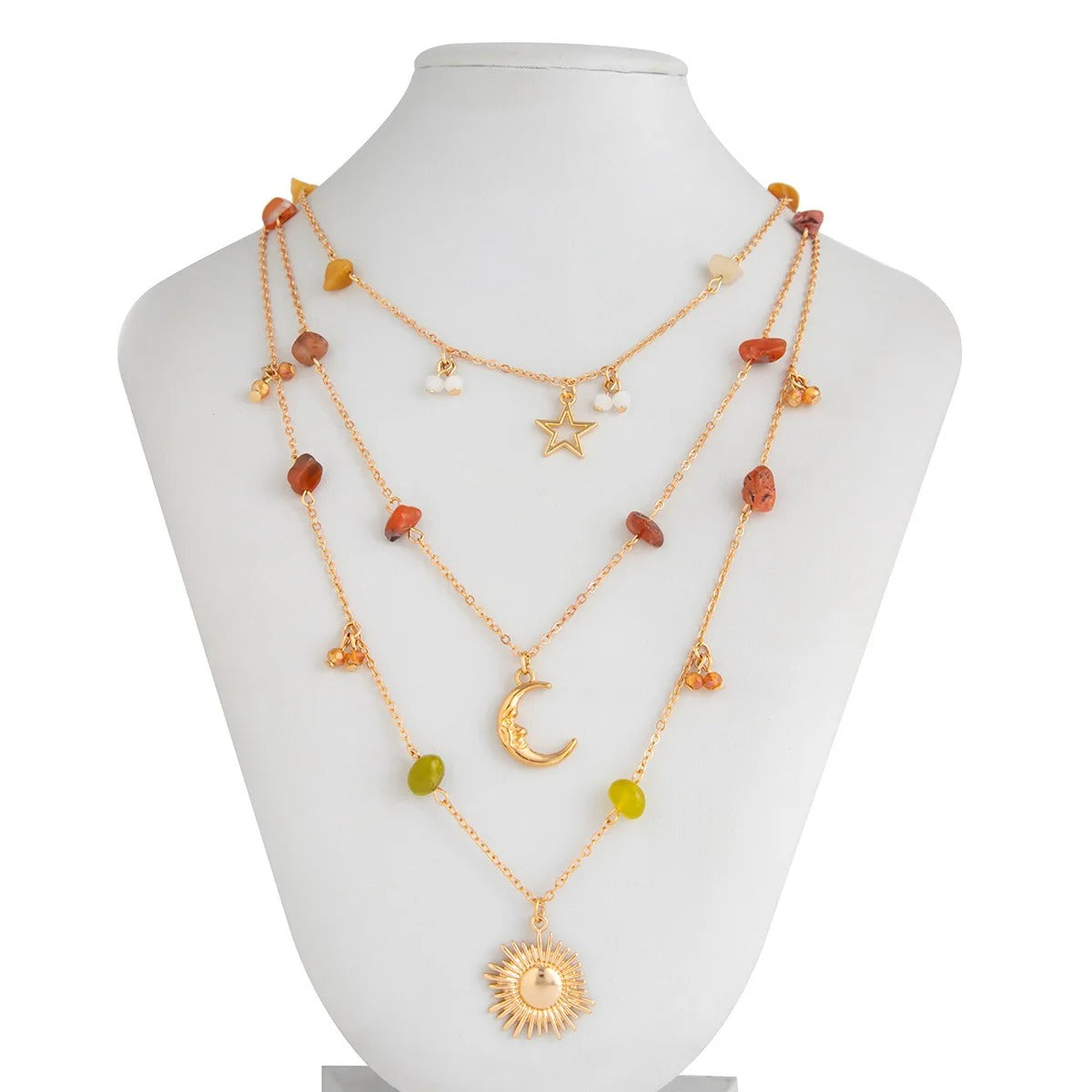 Vintage Star Moon Sun Pendant Necklace 2025 Women's Stacked Gold Color Metal Colored Stone Weaving Girls Fashion Holiday Jewelry