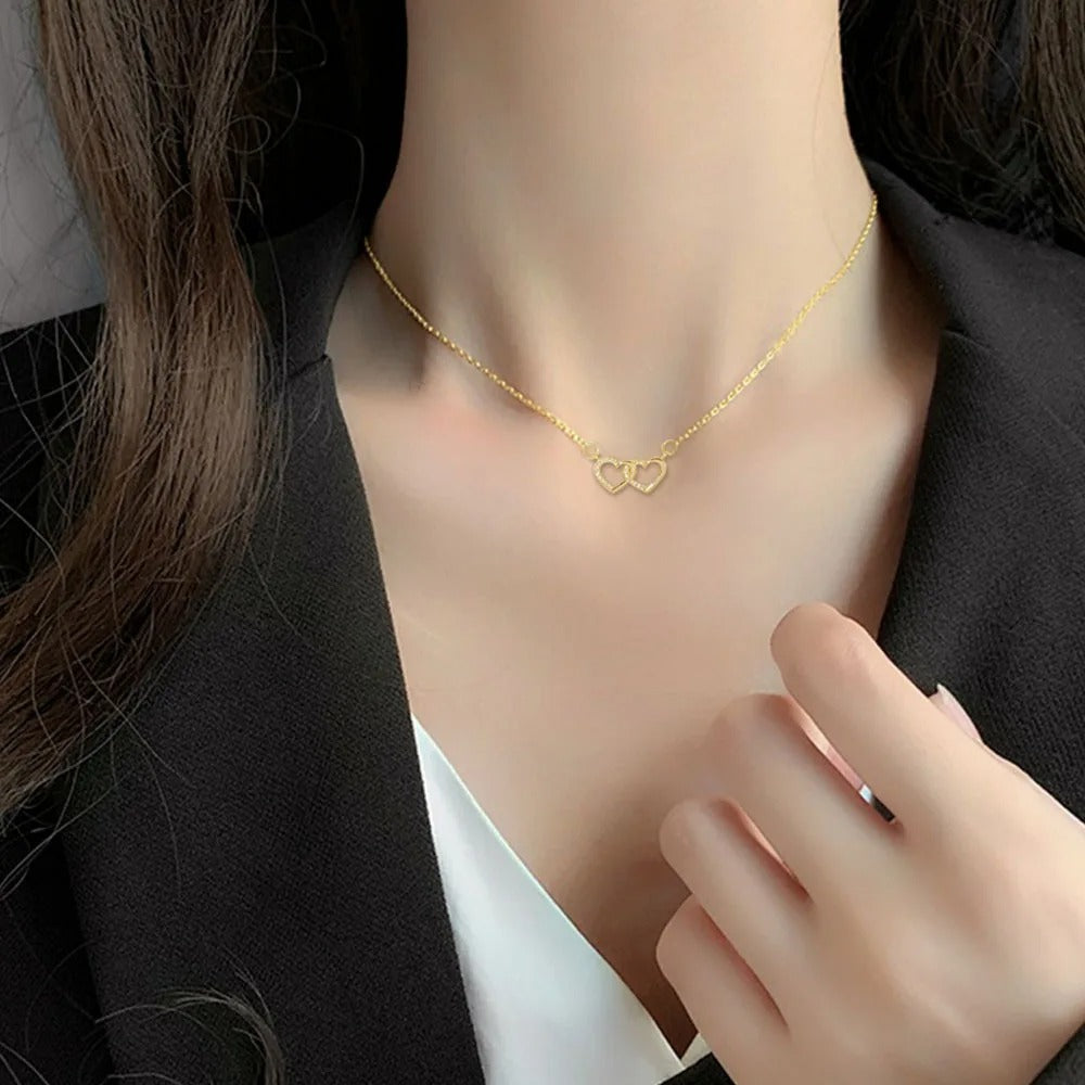 Gold Double Heart Pendant Necklace Stainless Steel Jewelry