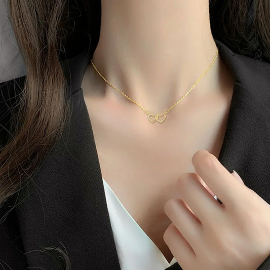 Stainless Steel Gold Chain Double Heart Pendant Necklace Romantic Zircon Jewelry Gift for Women & Girls