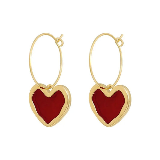 Vintage Red Heart Dangle Earrings Gold Color Women Jewelry Gift
