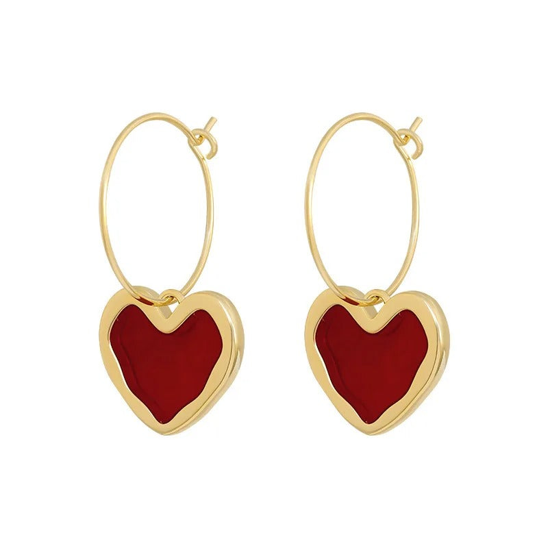 Vintage Red Love Heart Earrings for Women Gold Color Metal Love Heart Hanging Dangle Earring Women's Jewelry Gifts