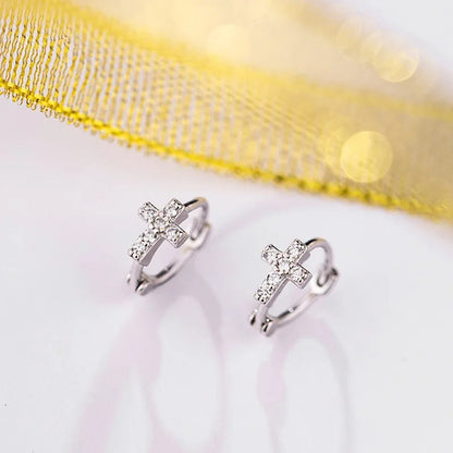 Sterling Silver Zircon Cross Hoop Earrings Wedding Party Gift