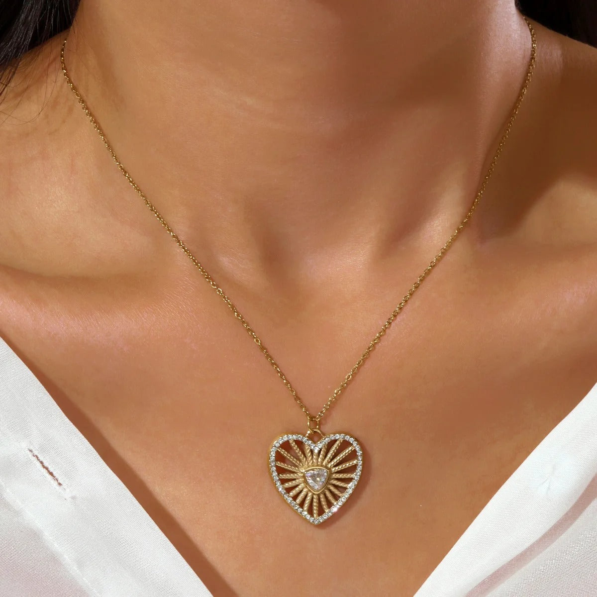 Stainless Steel Zircon Hollow Heart Charm Necklace Waterproof 14K Gold Plated Love Pendant Choker Jewelry Women Party Daily Wear