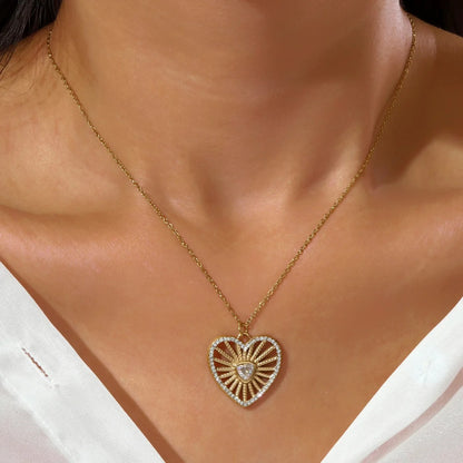 Stainless Steel Zircon Hollow Heart Charm Necklace Waterproof 14K Gold Plated Love Pendant Choker Jewelry Women Party Daily Wear