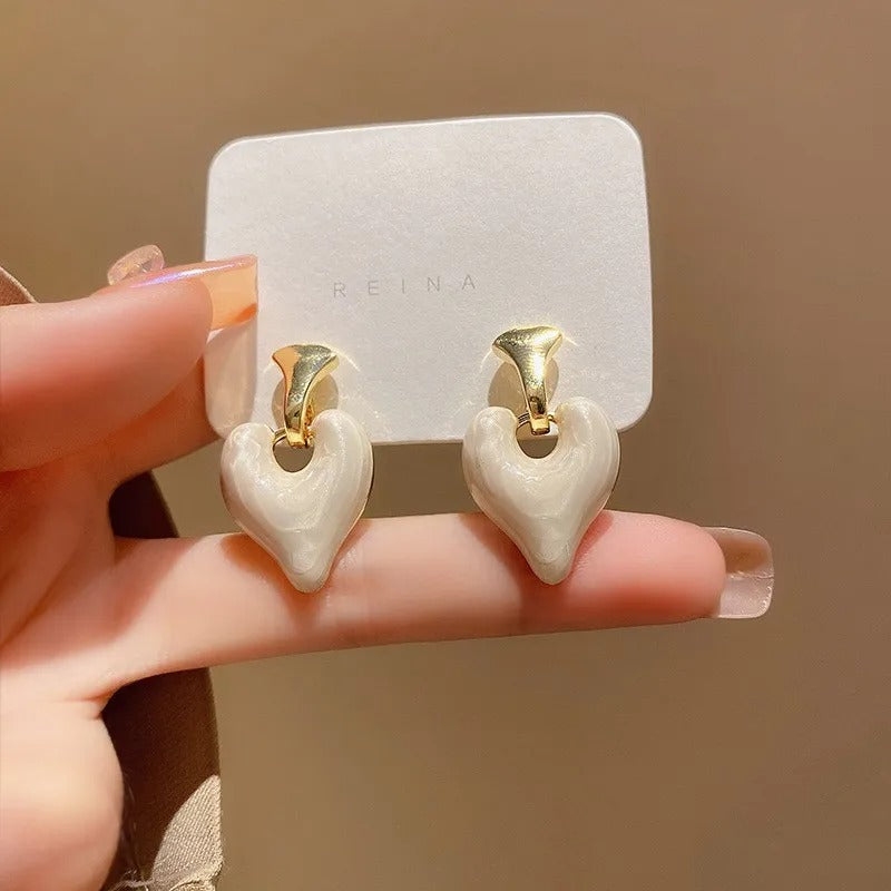 Romantic Heart Drop Earrings Women Silver Needle White Purple Pink