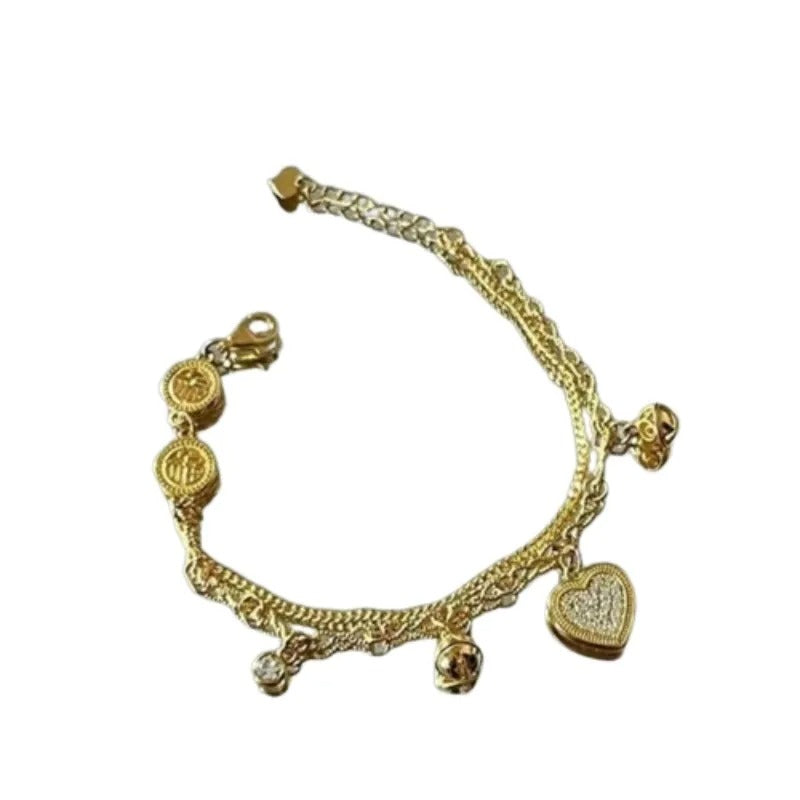 ANENJERY Gold Heart Zircon Bracelet Double Layer Charm Jewelry for Women