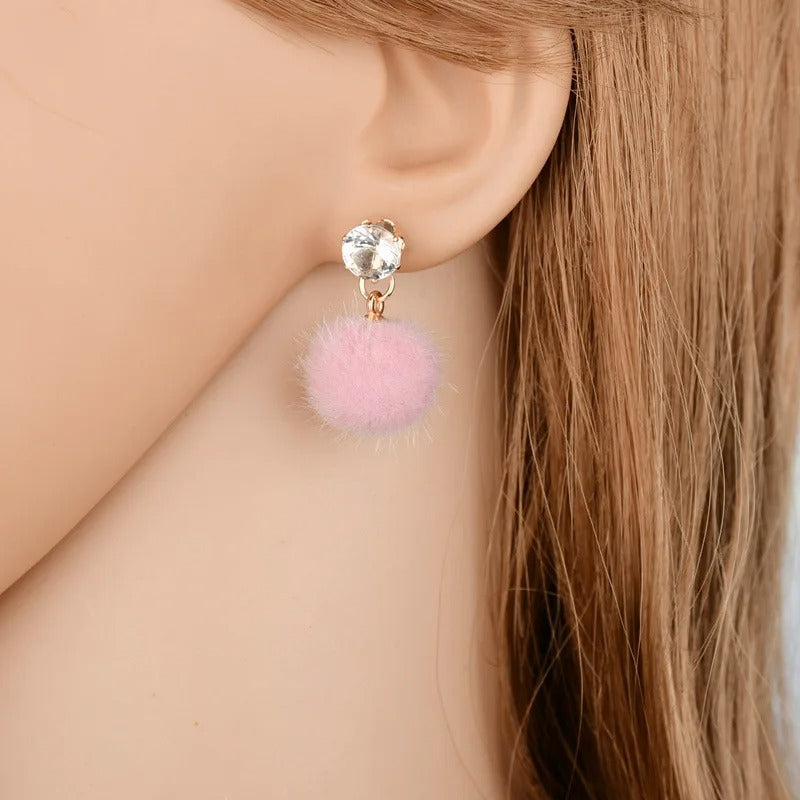 Korean Sweet Hair Ball Dangle Earrings Pink Red Women