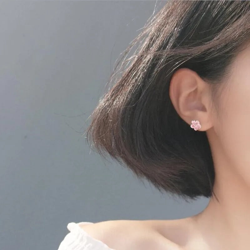 Cute Temperament Literary Flower Sterling Silver Jewelry Pink Epoxy Crystal Sweet Stud Earrings