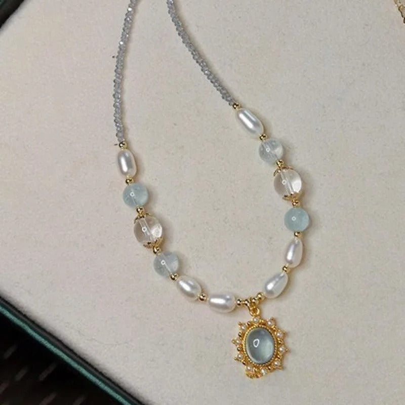 Blue Stone & Freshwater Pearl Necklace Trendy Handmade Jewelry for Women