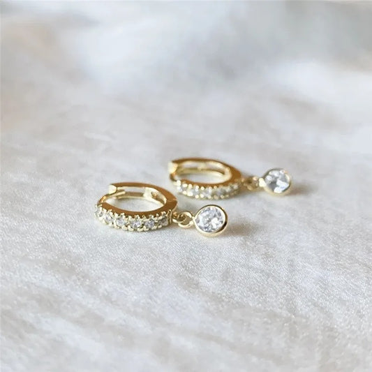 Simple Gold Drop Earrings Women Round CZ Charm Jewelry
