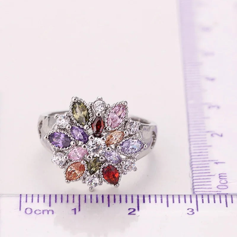 925 Sterling Silver Flower CZ Ring Colorful Party Jewelry for Women